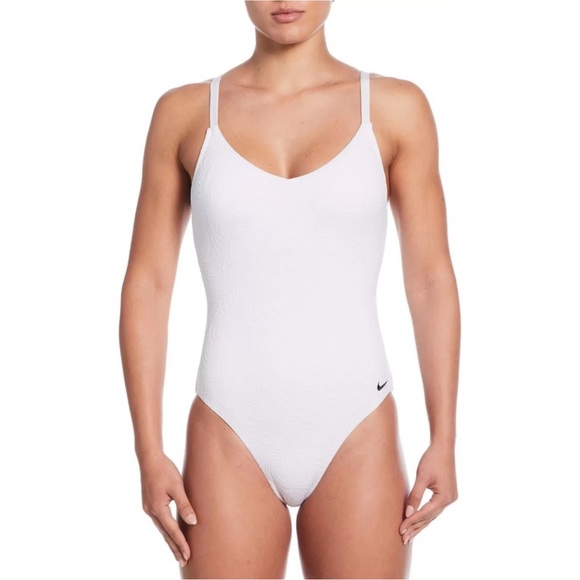Nike Other - Nike V-Neck Jacquard One Piece Swimsuit NWT size Medium White Bathing Suit